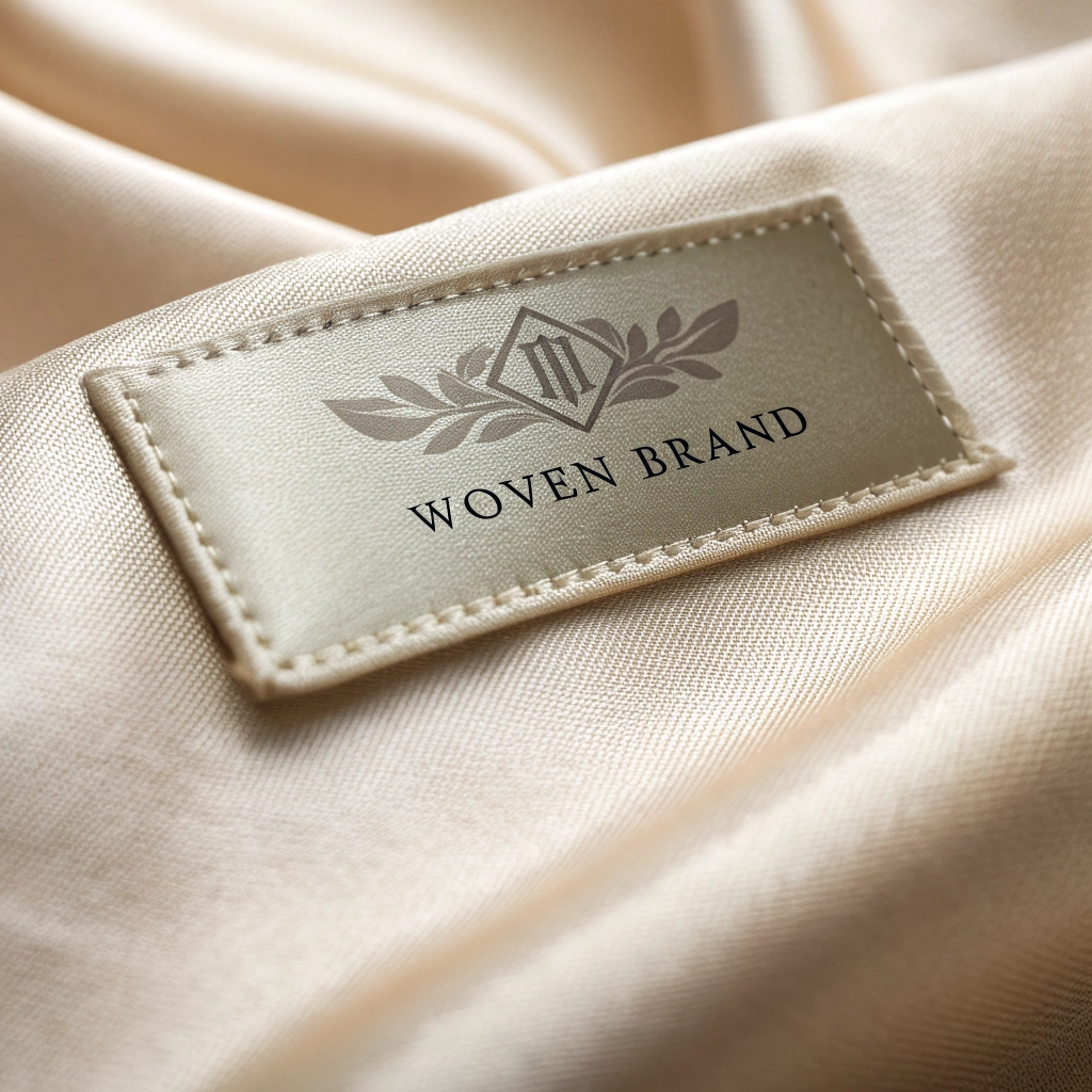 Close-up of a high-quality woven brand label on a garment