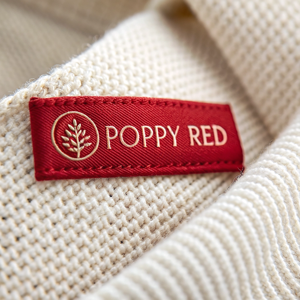 Close-up of a poppy red accent on a woven label