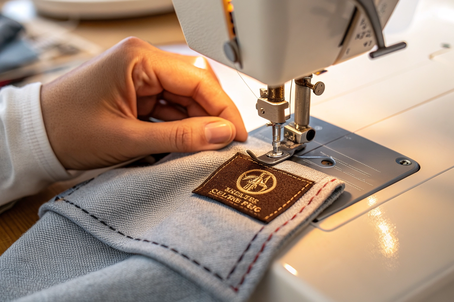 Editorial image of woven labels being sewn into a garment.