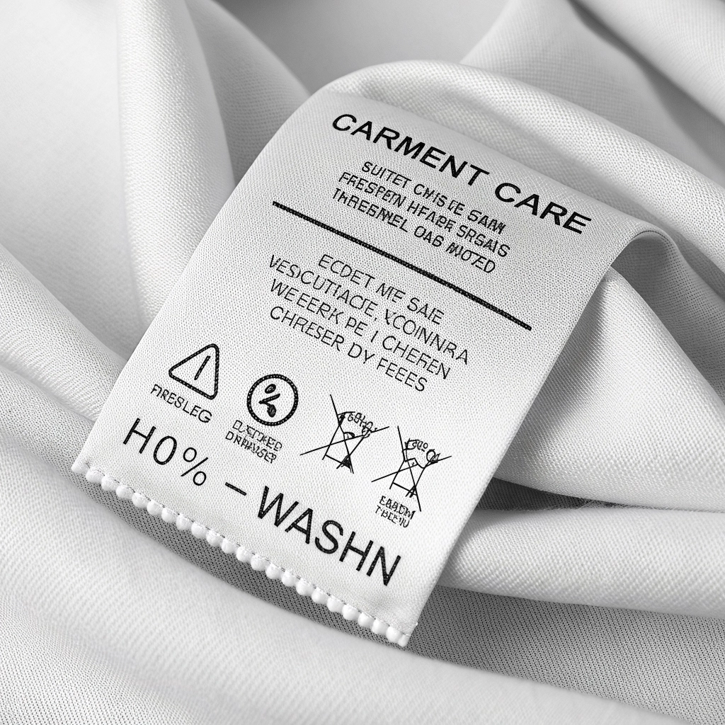 Professional care and instruction label on fabric.