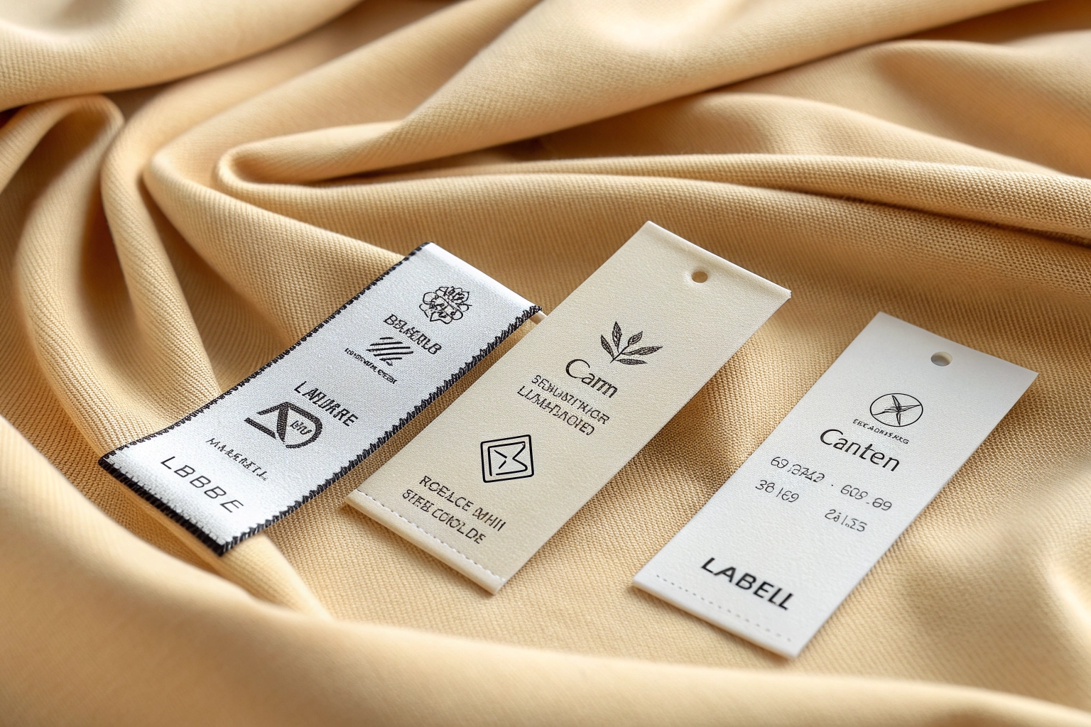 Premium close-up of various woven and care clothing labels on a warm ivory background.