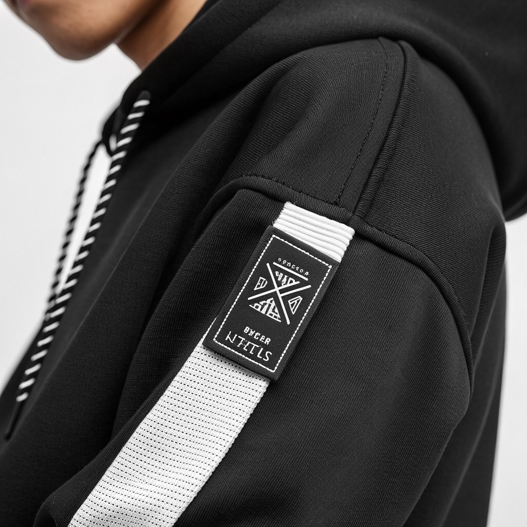 Close-up of a minimalist woven label on a streetwear garment