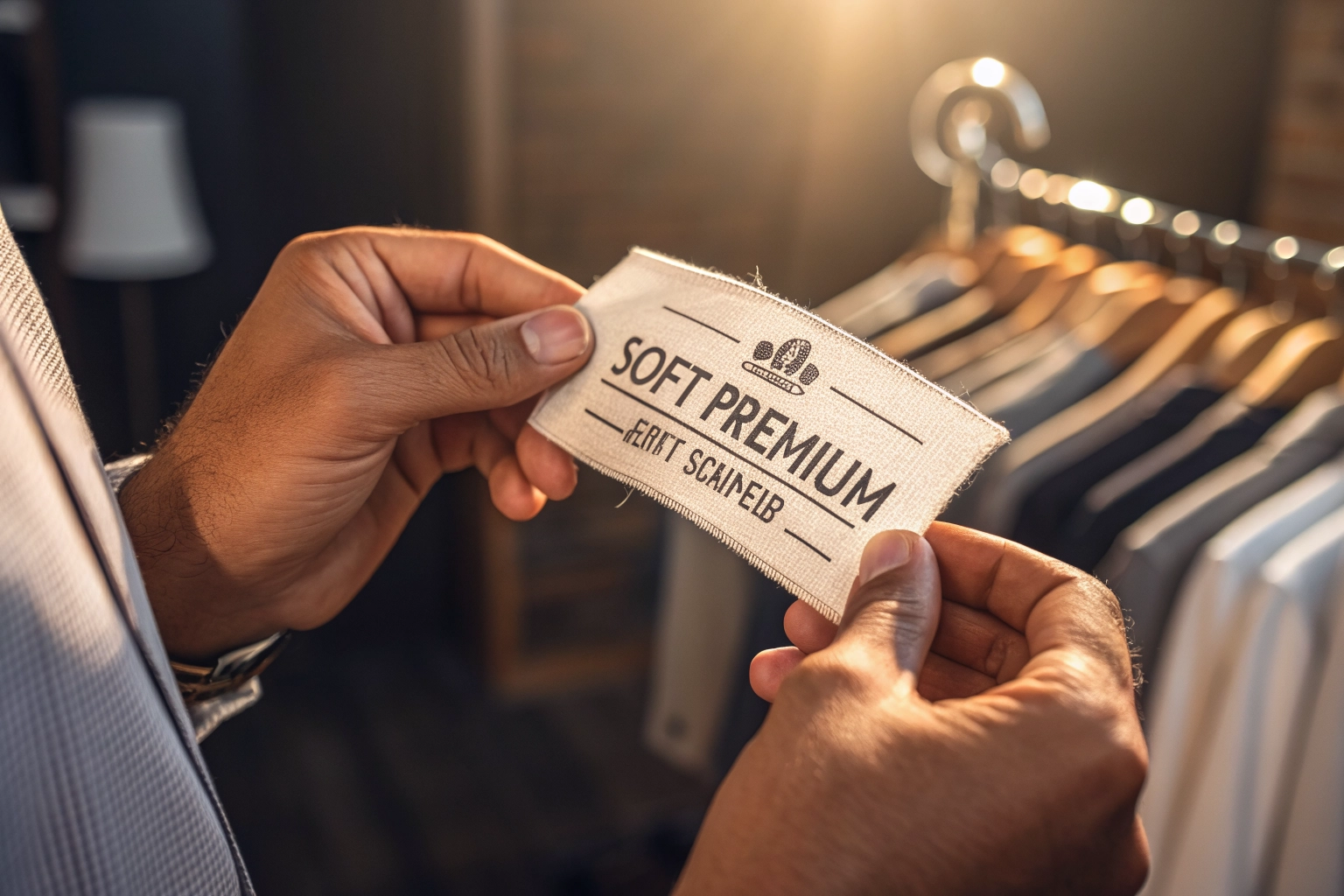 Woven label being held, showing the soft texture and premium feel