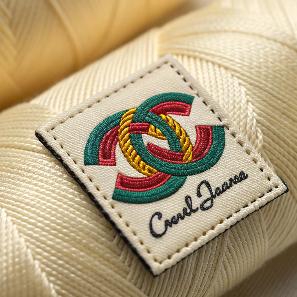 Detailed woven label with intricate logo and vibrant colors