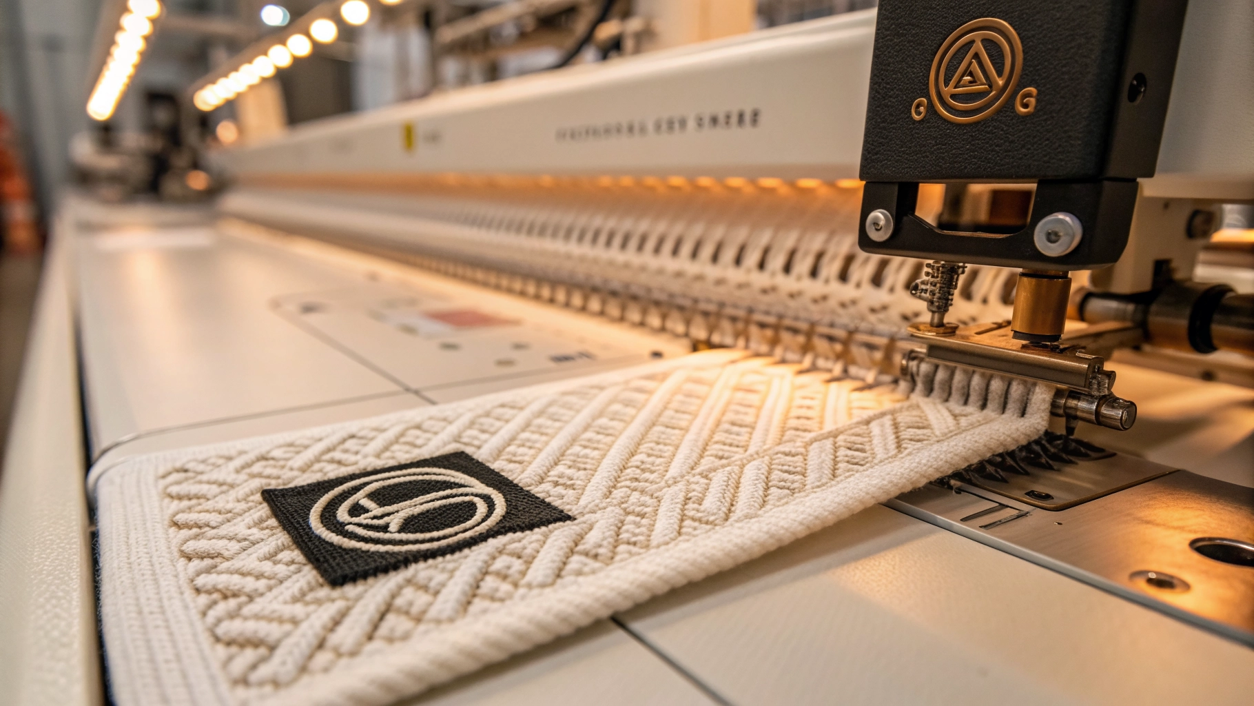 Close-up of a high-end woven label being manufactured on a professional loom.